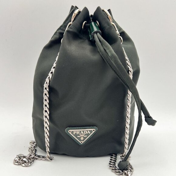 Prada Handbags - Authentic Prada Bucket Drawstring Pouch Bag Nero Nylon Vintage Dark Green Handba